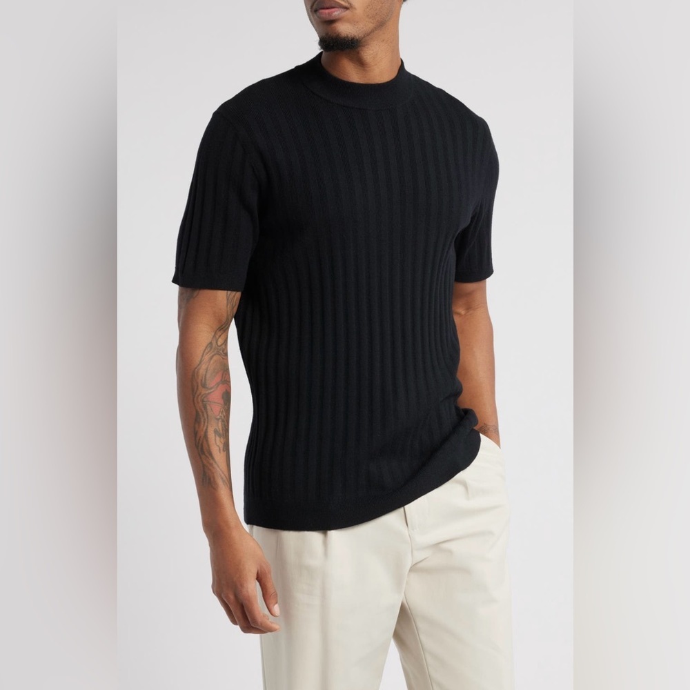 Open Edit Men’s Grid Knit Mock Neck Short Sleeve Sweater Black Size M